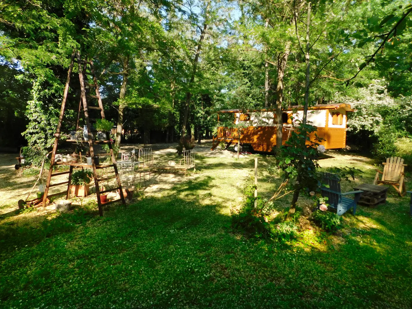 Le jardin arboré, la roulotte au fond entre les arbres